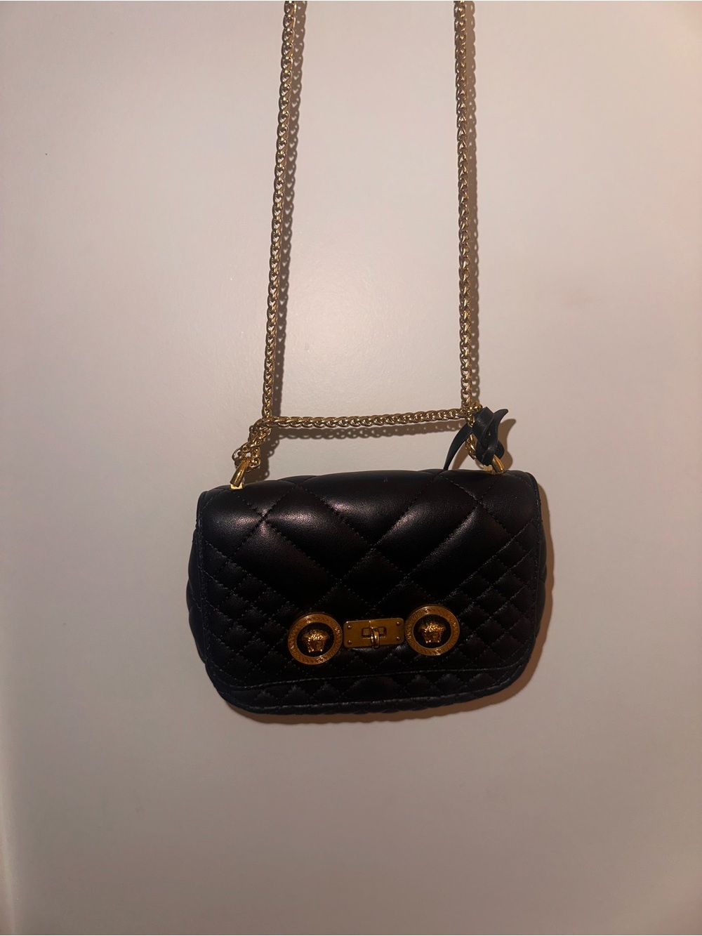 Authentic Versace Quilted Black Leather Crossbody Bag with Gold Chain